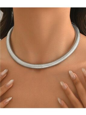 Silver Ribbed Choker Necklace - Women Jewelry